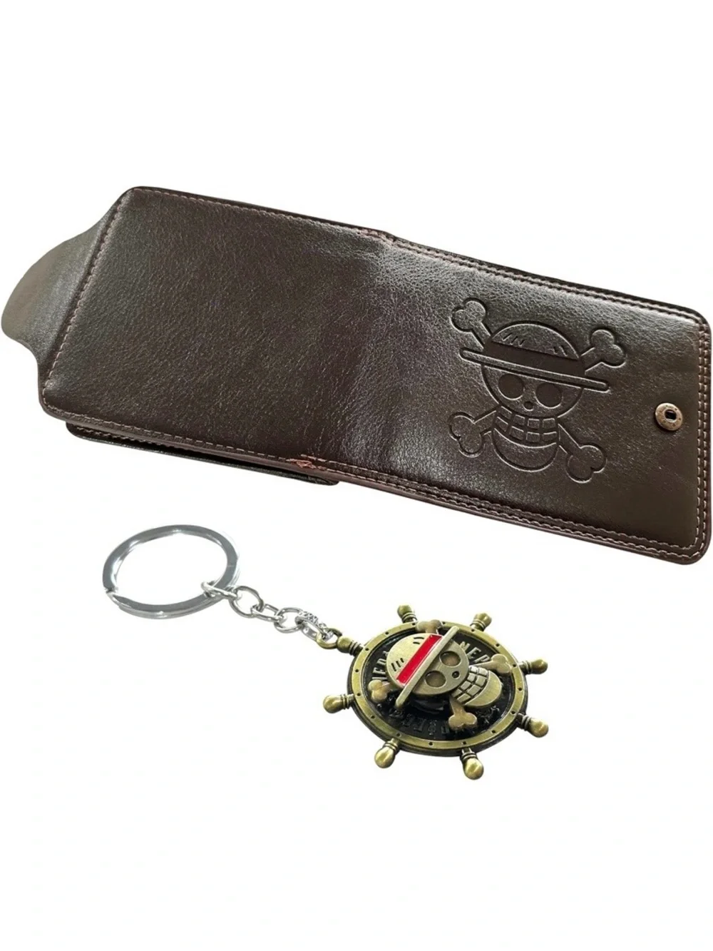 One Piece Luffy Skull Bifold Wallet w/ Straw Hat Pirate Keychain Brown Anime